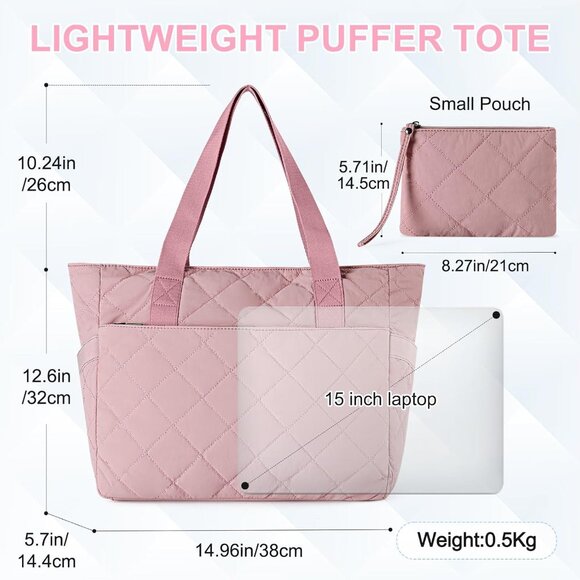 Pink Water Resistant Polyester Quilted Tote Bag for Women, Large Capacity, Puffe - Picture 2 of 7
